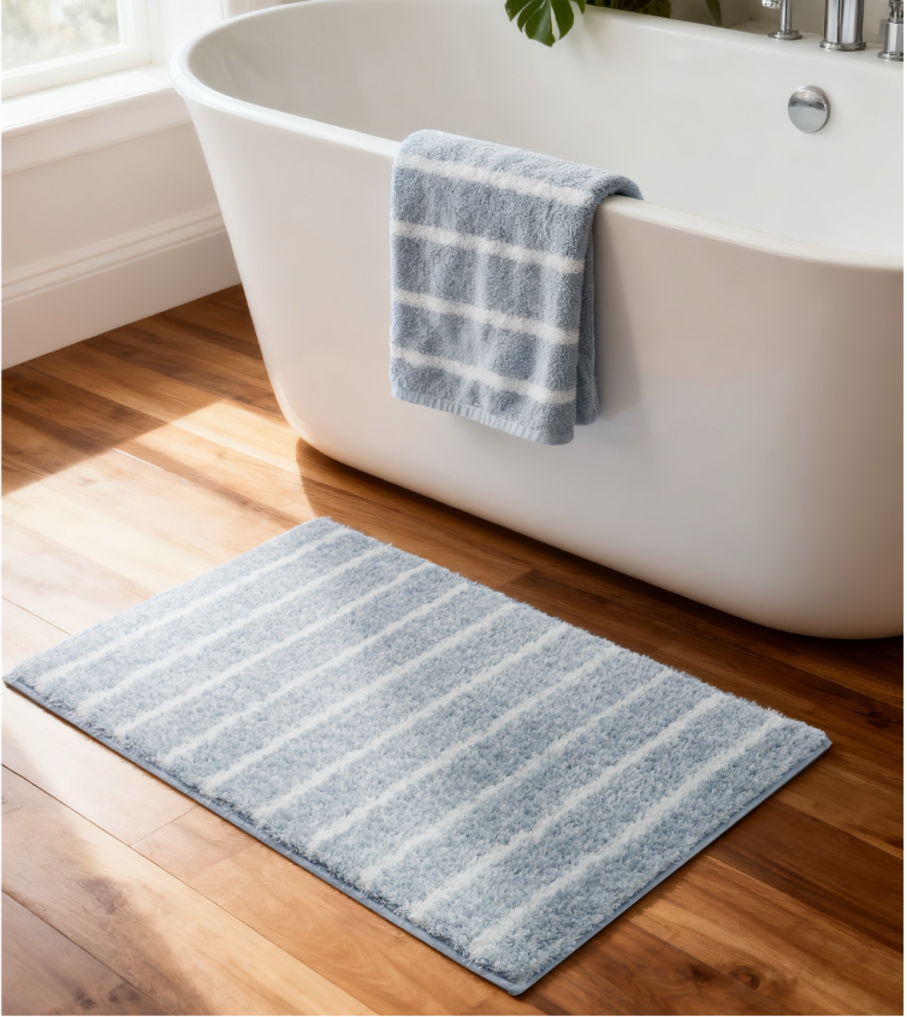 Blue striped shag bath mat by ABS International