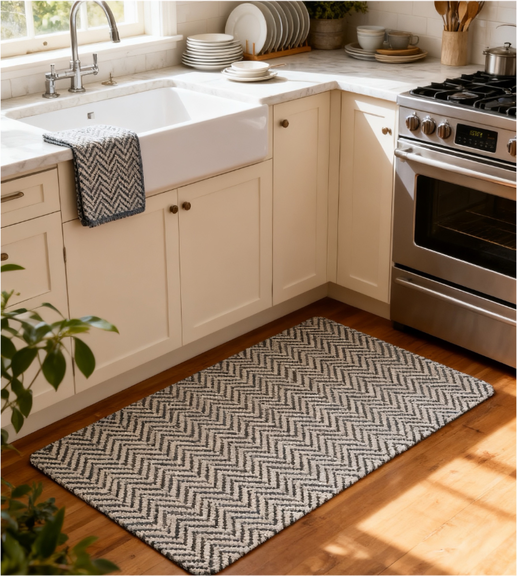 Black and white herringbone kitchen mat by ABS International