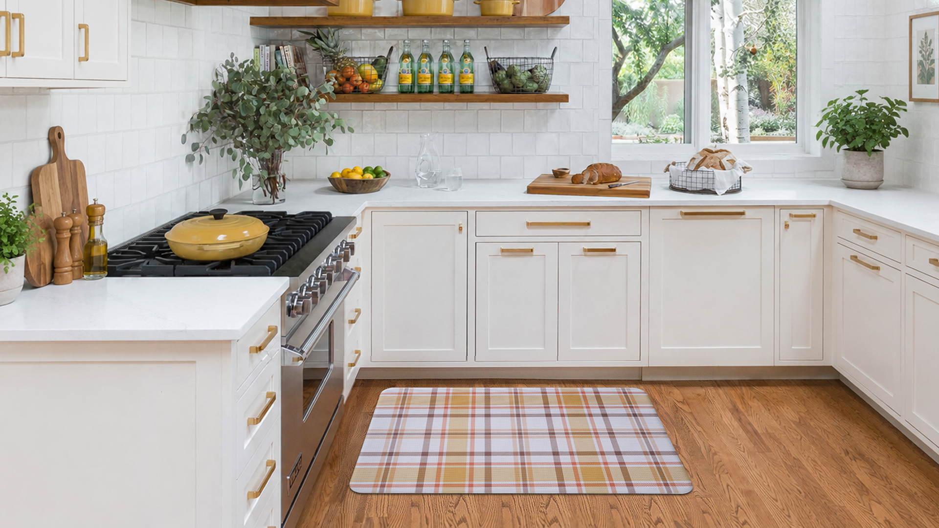 ABS kitchen mat — plaid anti-fatigue mat in a bright white kitchen